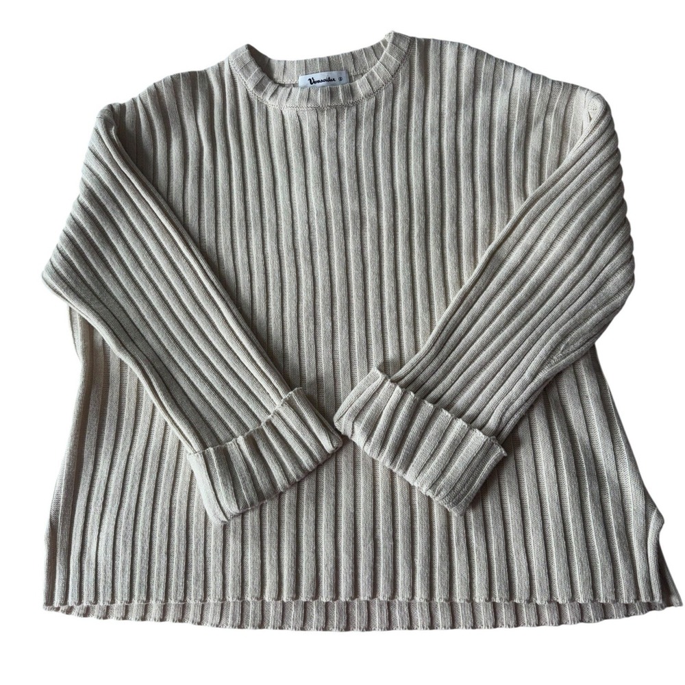 Vernacular Cream Ribbed Knit Crewneck Long Sleeve Sweater Top Womens‎